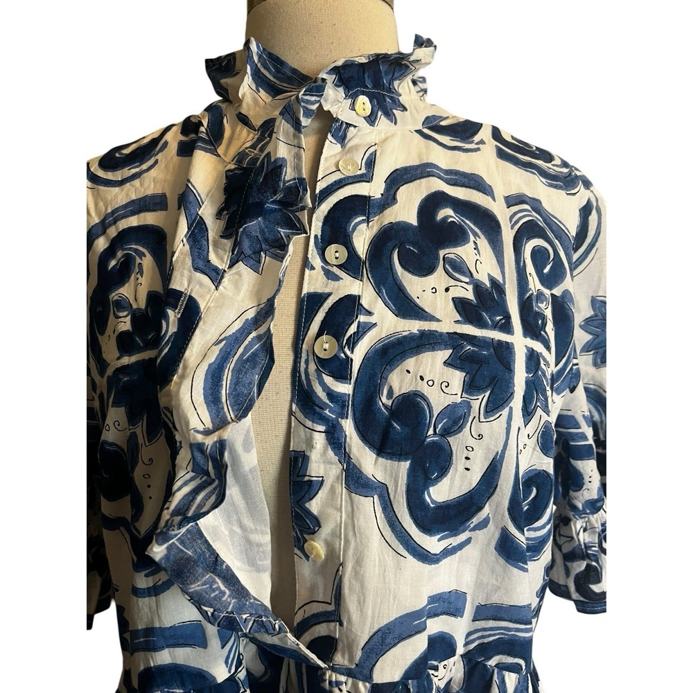 Uncle Frank Tile Pattern Dress Size Small Blue White Ruffle Collar Belted - Picture 6 of 10
